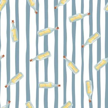 Cartoon seamless pattern with random glass bottles with message print. Sea st Stock Illustration