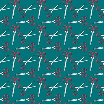 Cartoon seamless pattern with school scissors. Vector illustration on dark te Stock Illustration