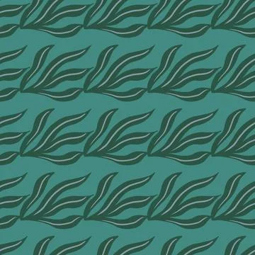 Cartoon seamless pattern with simple vintage leaf shapes. Pastel turquoise ba Illustrazione stock