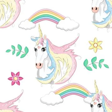 Cartoon seamless pattern. Unicorn with rainbow and clouds. For designed print Stock Illustration