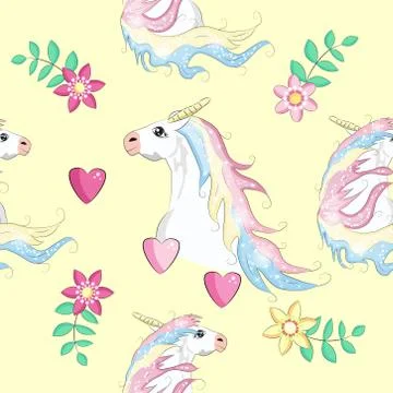 Cartoon seamless pattern. Unicorn with rainbow and clouds. For designed print Stock Illustration