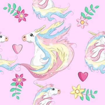 Cartoon seamless pattern. Unicorn with rainbow and clouds. For designed print Illustrazione stock
