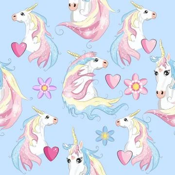 Cartoon seamless pattern. Unicorn with rainbow and clouds. For designed print Stock Illustration