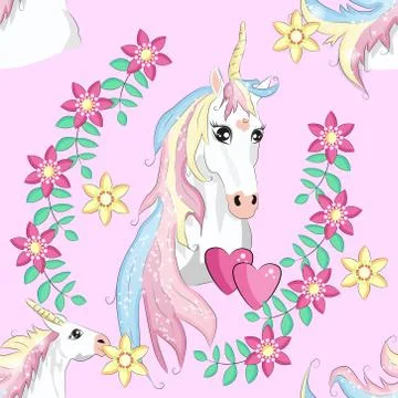 Cartoon seamless pattern. Unicorn with rainbow and clouds, designed print. Illustrazione stock