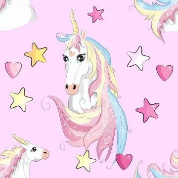 Cartoon seamless pattern. Unicorn with rainbow and clouds, designed print. Stock Illustration