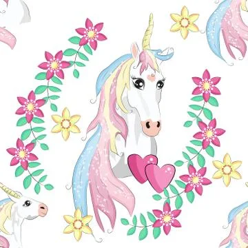 Cartoon seamless pattern. Unicorn with rainbow and clouds, designed print. 스톡 일러스트