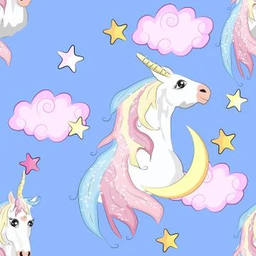 Cartoon seamless pattern. Unicorn with rainbow and clouds, designed print. Stock Illustration