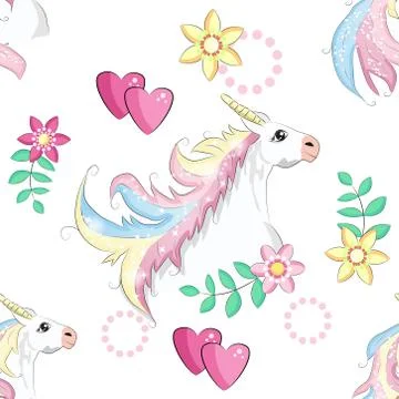 Cartoon seamless pattern. Unicorn with rainbow and clouds, designed print. Stock Illustration