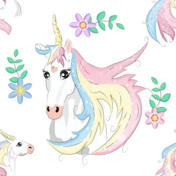 Cartoon seamless pattern. Unicorn with rainbow and clouds, designed print. Stock Illustration