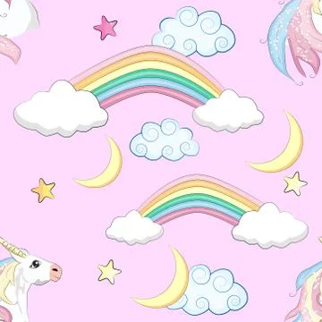 Cartoon seamless pattern. Unicorn with rainbow and clouds, designed print. Stock Illustration