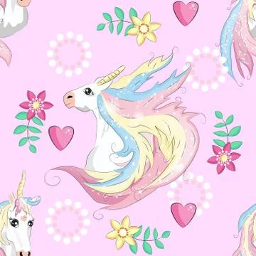 Cartoon seamless pattern. Unicorn with rainbow and clouds, designed print. Illustrazione stock