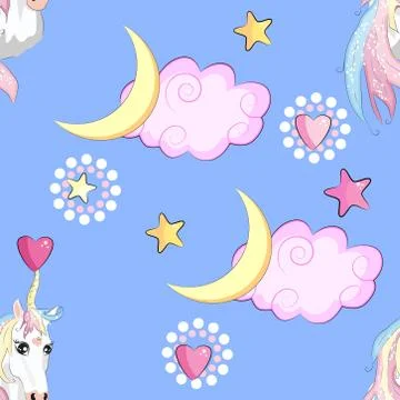 Cartoon seamless pattern. Unicorn with rainbow and clouds, designed print. Stock Illustration