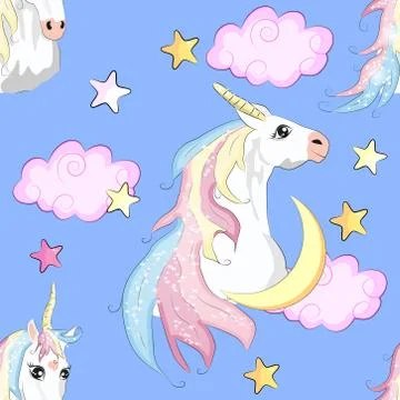 Cartoon seamless pattern. Unicorn with rainbow and clouds, designed print. Stock Illustration