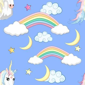 Cartoon seamless pattern. Unicorn with rainbow and clouds, designed print. Stock Illustration