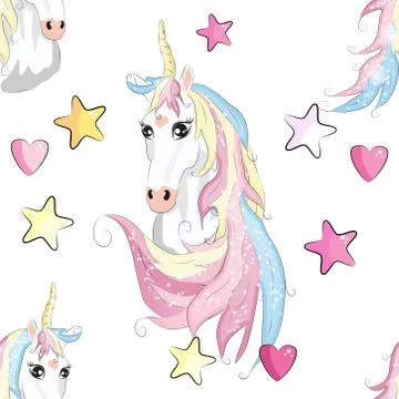 Cartoon seamless pattern. Unicorn with rainbow and clouds, designed print. 스톡 일러스트