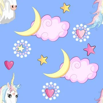 Cartoon seamless pattern. Unicorn with rainbow and clouds, designed print. 스톡 일러스트