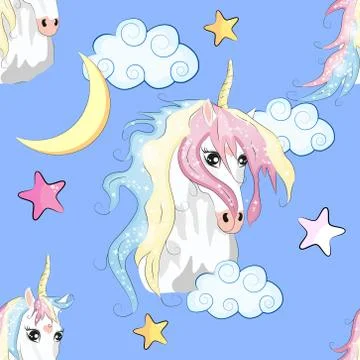 Cartoon seamless pattern. Unicorn with rainbow and clouds, designed print. 스톡 일러스트