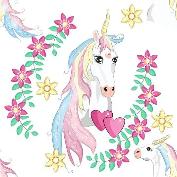 Cartoon seamless pattern. Unicorn with rainbow and clouds, designed print. Stock Illustration