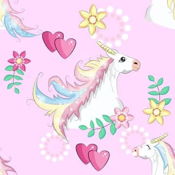 Cartoon seamless pattern. Unicorn with rainbow and clouds, designed print. Stock Illustration