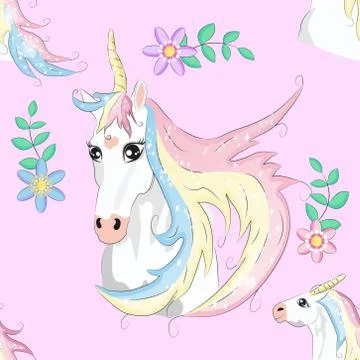 Cartoon seamless pattern. Unicorn with rainbow and clouds, designed print. Stock Illustration