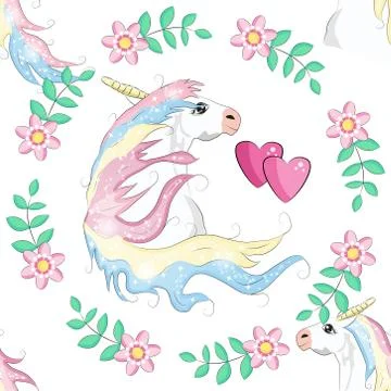 Cartoon seamless pattern. Unicorn with rainbow and clouds, designed print. Stock Illustration
