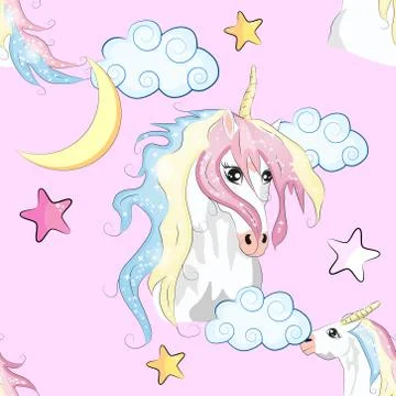 Cartoon seamless pattern. Unicorn with rainbow and clouds, designed print. Stock Illustration