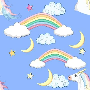 Cartoon seamless pattern. Unicorn with rainbow and clouds, designed print. Stock Illustration