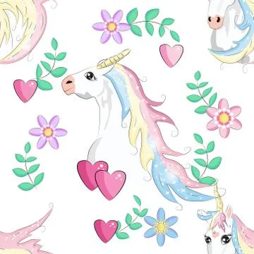 Cartoon seamless pattern. Unicorn with rainbow and clouds, designed print. Illustrazione stock