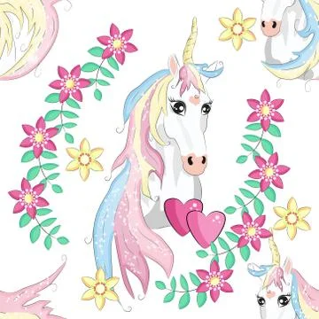 Cartoon seamless pattern. Unicorn with rainbow and clouds, designed print. Stock Illustration