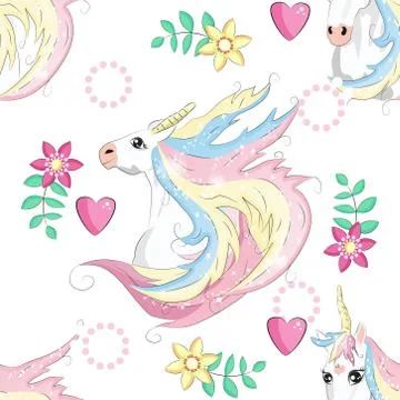 Cartoon seamless pattern. Unicorn with rainbow and clouds, designed print. Stock Illustration