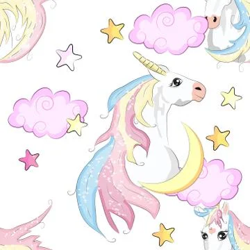 Cartoon seamless pattern. Unicorn with rainbow and clouds, designed print. Illustrazione stock