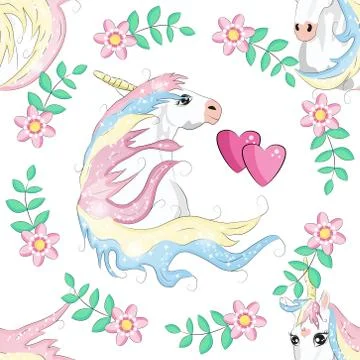 Cartoon seamless pattern. Unicorn with rainbow and clouds, designed print. 스톡 일러스트