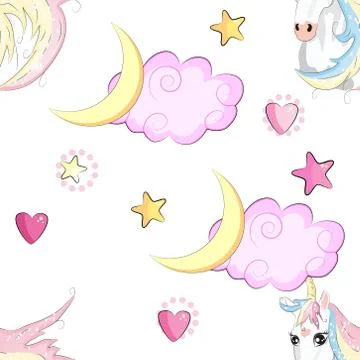Cartoon seamless pattern. Unicorn with rainbow and clouds, designed print. Stock Illustration