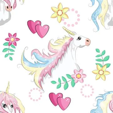 Cartoon seamless pattern. Unicorn with rainbow and clouds, designed print. Stock Illustration