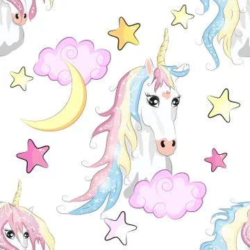 Cartoon seamless pattern. Unicorn with rainbow and clouds, designed print. Stock Illustration