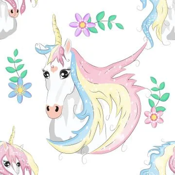 Cartoon seamless pattern. Unicorn with rainbow and clouds, designed print. Stock Illustration
