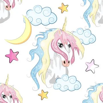 Cartoon seamless pattern. Unicorn with rainbow and clouds, designed print. Stock Illustration