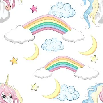 Cartoon seamless pattern. Unicorn with rainbow and clouds, designed print. Stock Illustration
