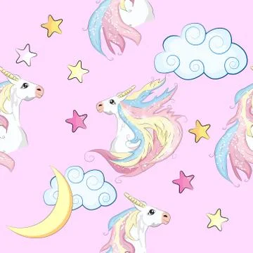 Cartoon seamless pattern. Unicorn with rainbow and clouds, designed print. Stock Illustration