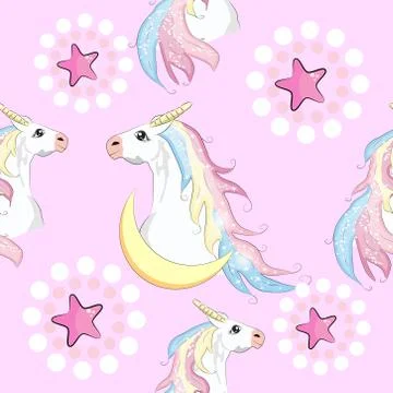 Cartoon seamless pattern. Unicorn with rainbow and clouds, designed print. Stock Illustration