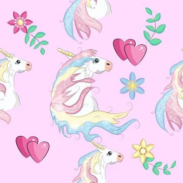 Cartoon seamless pattern. Unicorn with rainbow and clouds, designed print. Illustrazione stock