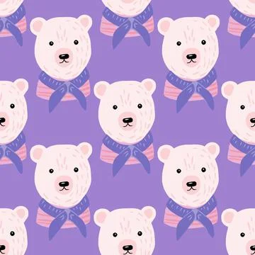 Cartoon seamless pattern with white polar bear sailor ornament. Purple backgr Stock Illustration