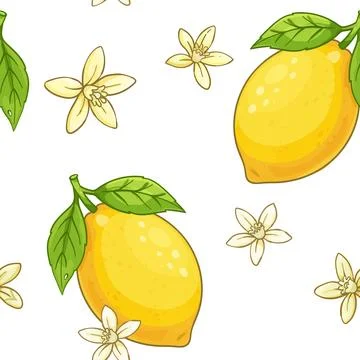 Cartoon Seamless pattern of a whole bright yellow lemon on a branch with green Stock Illustration