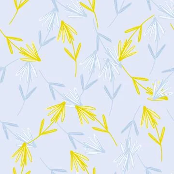 Cartoon seamless pattern with yellow flower elements. Blue pastel background. Stock Illustration