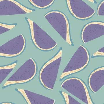 Cartoon seamless random pattern with purple colored fig ornament. Blue Illustrazione stock