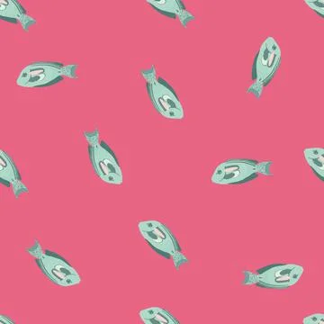 Cartoon seamless random pattern with simple surgeon fish ornament. Pink backg イラスト素材