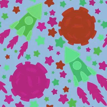 Cartoon seamless rocket and sky pattern for wrapping paper and fabrics Stock Illustration