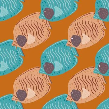 Cartoon seamless scrapbook pattern with beige and blue outline butterfly fish Stock Illustration