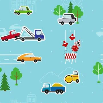 Cartoon seamless vector pattern with cars, traffic signs, wrecker Stock Illustration