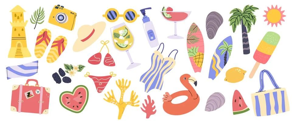 Cartoon Seaside beach elements set. Summer vacation icons in retro style. Camera 库存插图